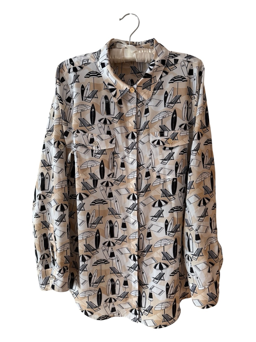 Karl Lagerfeld Beach Print Button-Up Shirt - Cream/Black